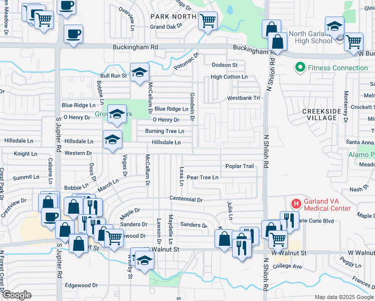 map of restaurants, bars, coffee shops, grocery stores, and more near 2905 Western Drive in Garland
