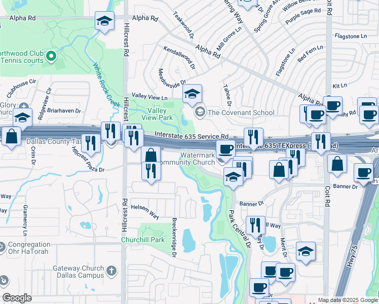 map of restaurants, bars, coffee shops, grocery stores, and more near 7300 Interstate 635 Service Road in Dallas