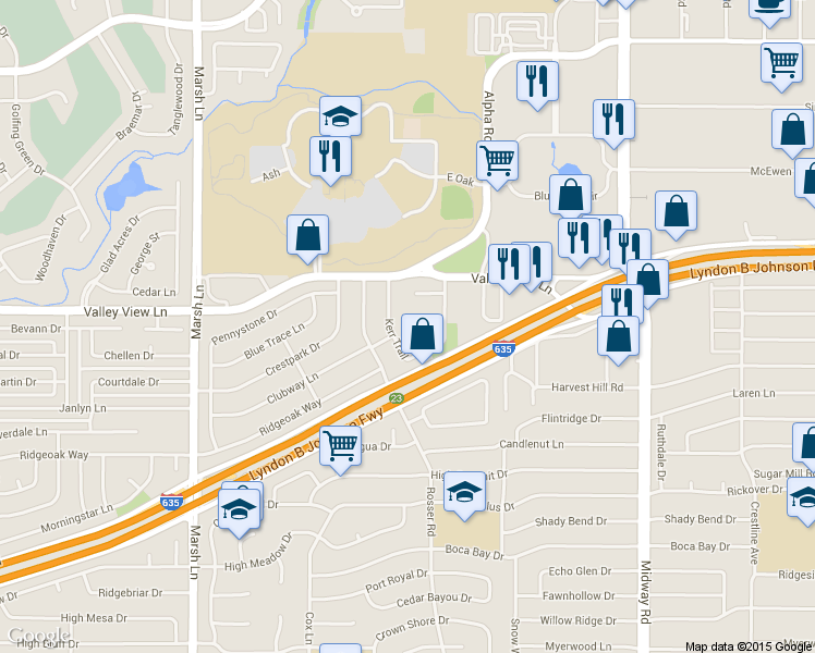 map of restaurants, bars, coffee shops, grocery stores, and more near 4006 Kerr Circle in Farmers Branch