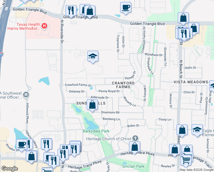 map of restaurants, bars, coffee shops, grocery stores, and more near 10136 Crawford Farms Drive in Fort Worth