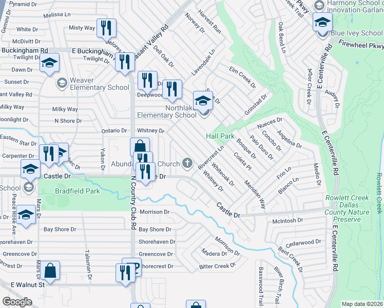 map of restaurants, bars, coffee shops, grocery stores, and more near 1705 Whitney Drive in Garland