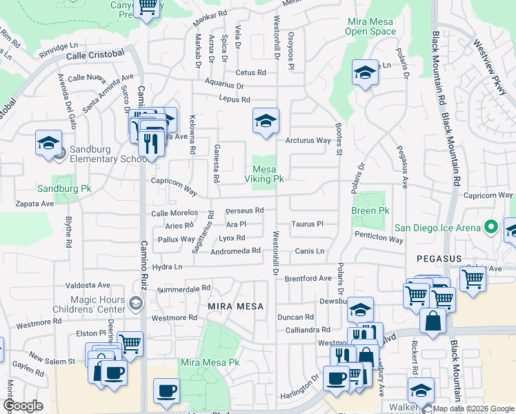 map of restaurants, bars, coffee shops, grocery stores, and more near 8696 Perseus Road in San Diego