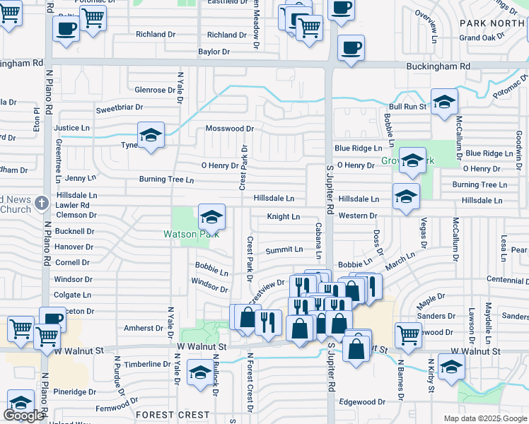 map of restaurants, bars, coffee shops, grocery stores, and more near 3709 Knight Lane in Garland