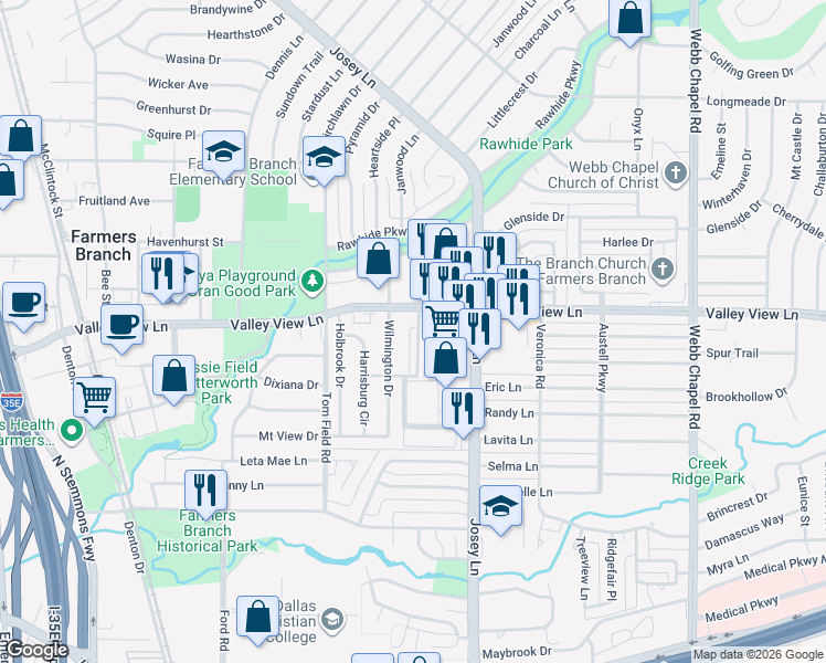 map of restaurants, bars, coffee shops, grocery stores, and more near 12895 Josey Lane in Farmers Branch