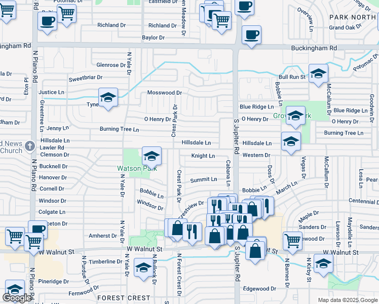 map of restaurants, bars, coffee shops, grocery stores, and more near 3709 Knight Lane in Garland