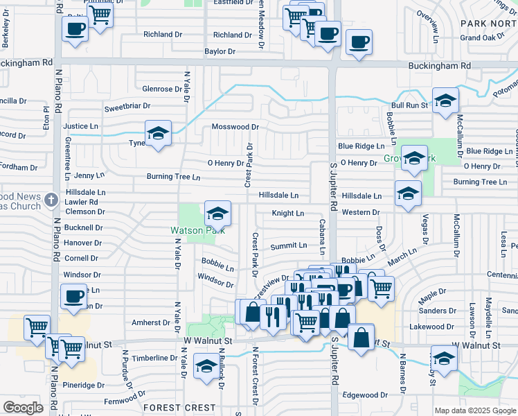 map of restaurants, bars, coffee shops, grocery stores, and more near 3709 Knight Lane in Garland
