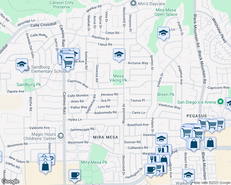 map of restaurants, bars, coffee shops, grocery stores, and more near 8686 Perseus Road in San Diego