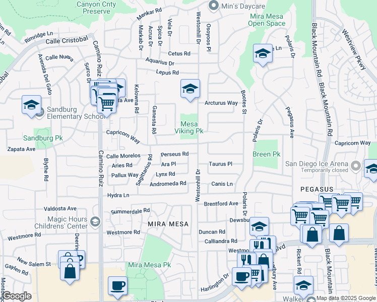 map of restaurants, bars, coffee shops, grocery stores, and more near 8696 Perseus Road in San Diego