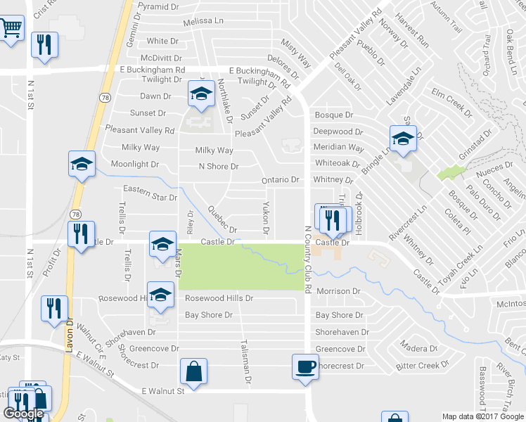 map of restaurants, bars, coffee shops, grocery stores, and more near 1113 Foxe Basin Drive in Garland