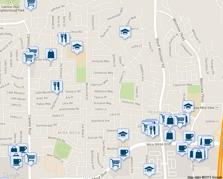 map of restaurants, bars, coffee shops, grocery stores, and more near 8924 Alphecca Way in San Diego