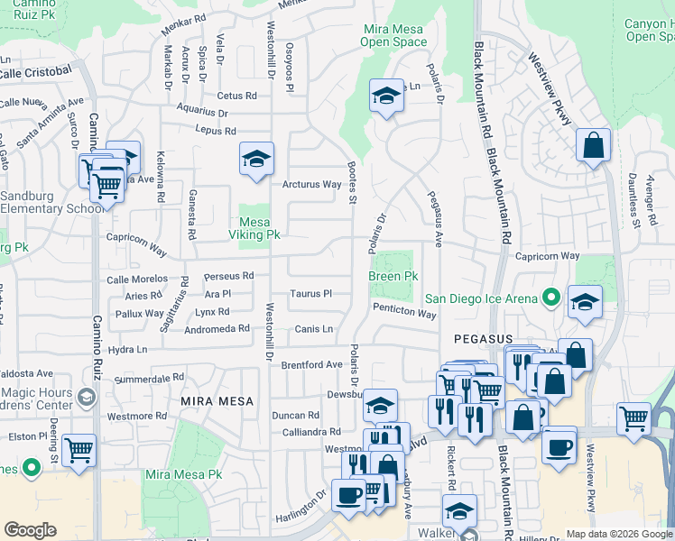 map of restaurants, bars, coffee shops, grocery stores, and more near 8924 Alphecca Way in San Diego