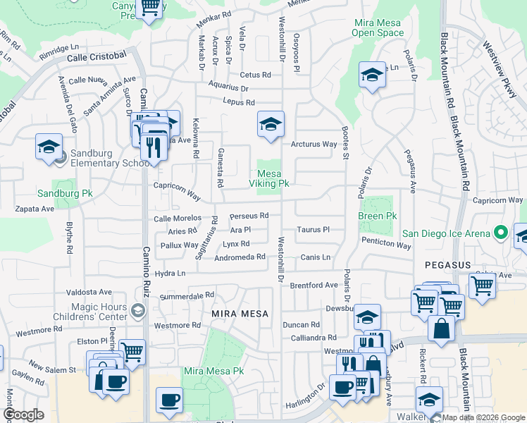 map of restaurants, bars, coffee shops, grocery stores, and more near 8696 Perseus Road in San Diego