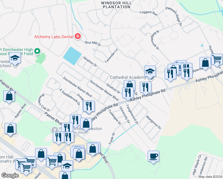 map of restaurants, bars, coffee shops, grocery stores, and more near 17 Stratton Drive in Charleston