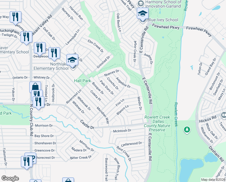 map of restaurants, bars, coffee shops, grocery stores, and more near 1926 Concho Drive in Garland