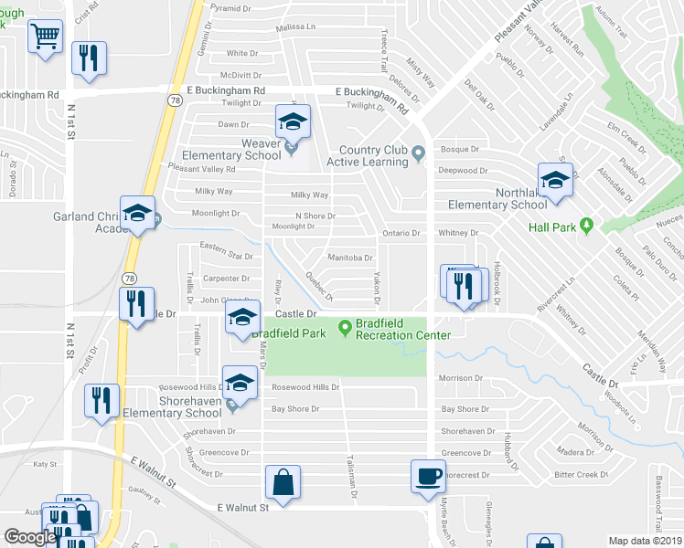 map of restaurants, bars, coffee shops, grocery stores, and more near 1006 Foxe Basin Drive in Garland