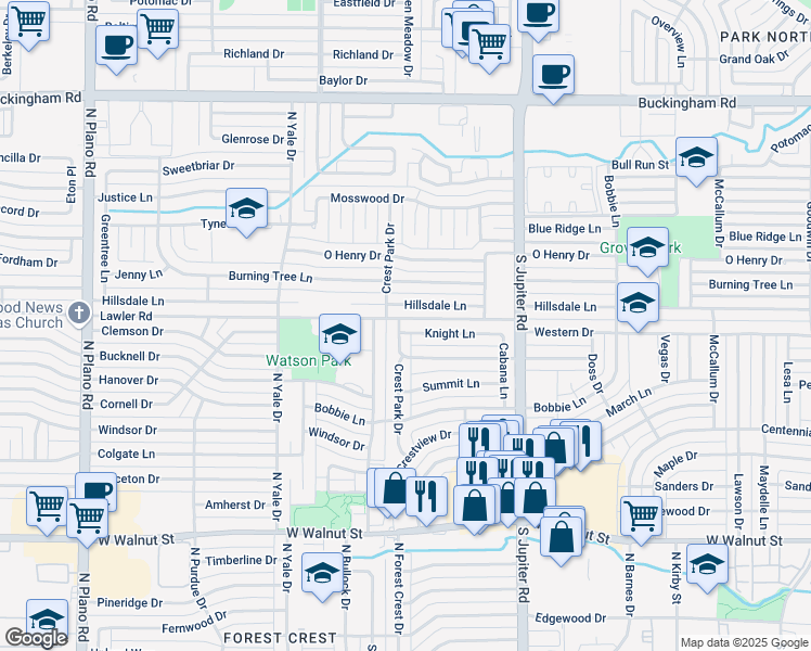 map of restaurants, bars, coffee shops, grocery stores, and more near 3709 Knight Lane in Garland