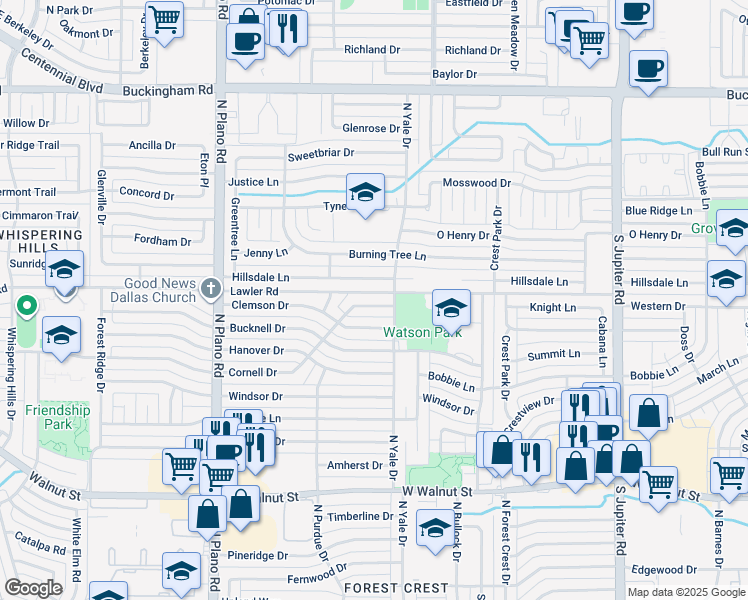 map of restaurants, bars, coffee shops, grocery stores, and more near 4001 Cornell Drive in Garland