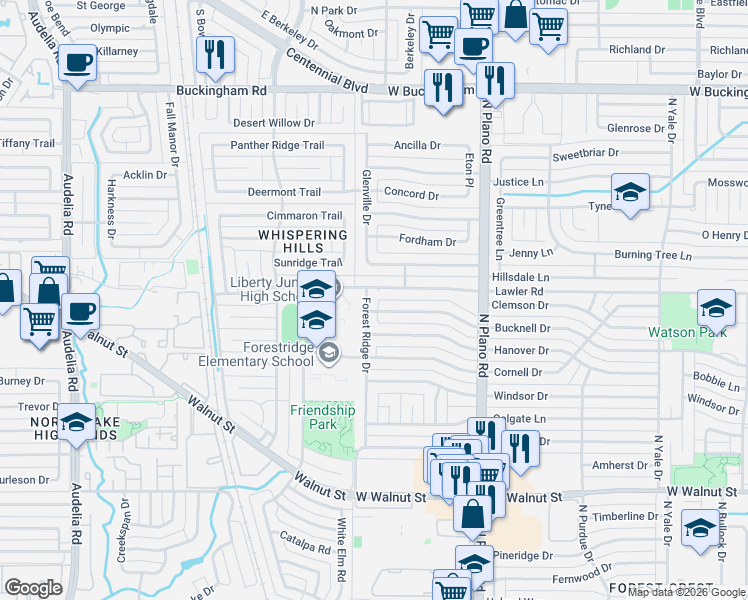 map of restaurants, bars, coffee shops, grocery stores, and more near 1102 Forest Ridge Drive in Garland