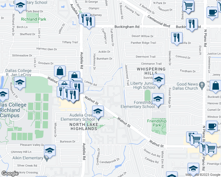 map of restaurants, bars, coffee shops, grocery stores, and more near 9829 Walnut Street in Dallas