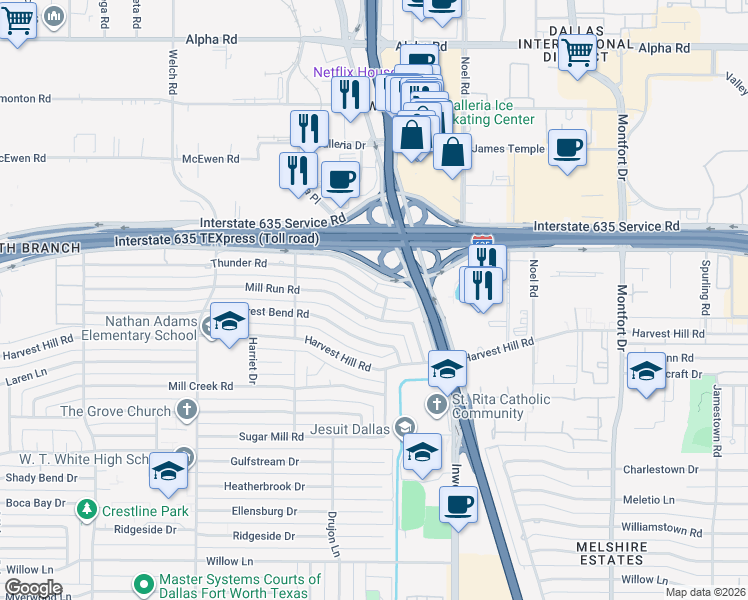 map of restaurants, bars, coffee shops, grocery stores, and more near 4986 Thunder Road in Dallas
