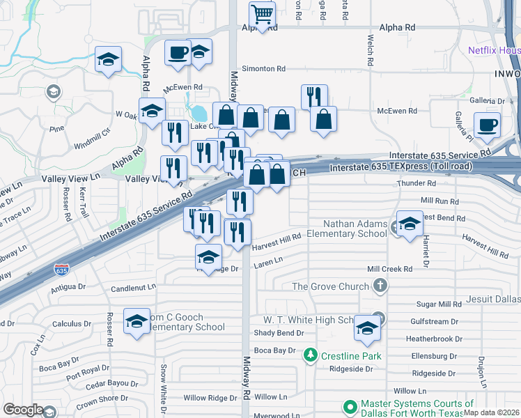 map of restaurants, bars, coffee shops, grocery stores, and more near 4230 Lyndon B Johnson Freeway in Dallas