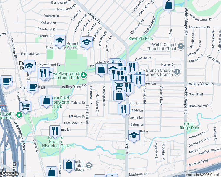 map of restaurants, bars, coffee shops, grocery stores, and more near 12895 Josey Lane in Farmers Branch