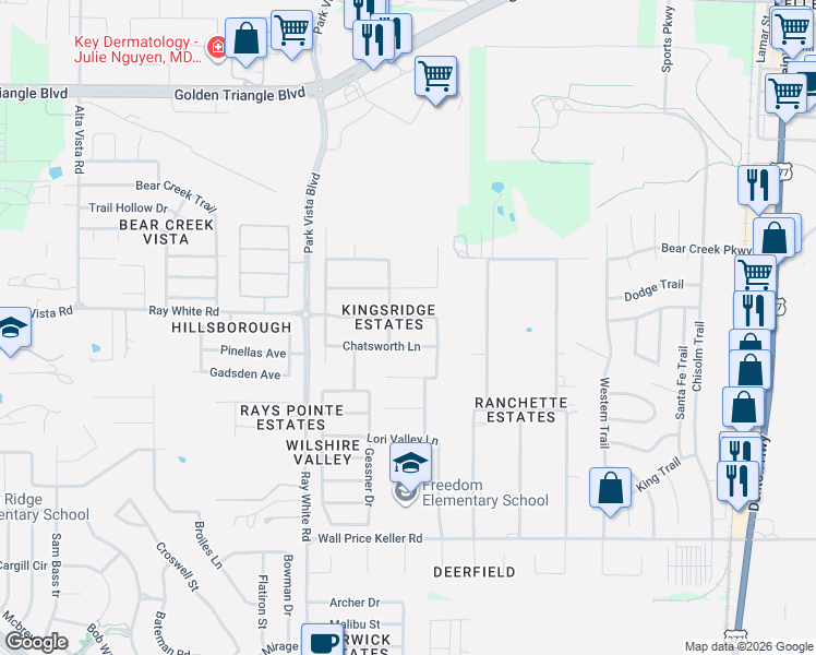map of restaurants, bars, coffee shops, grocery stores, and more near 5401 Chatsworth Lane in Fort Worth