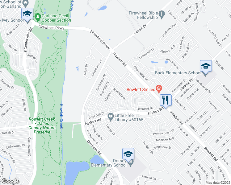 map of restaurants, bars, coffee shops, grocery stores, and more near 1714 Ambrose Drive in Rowlett