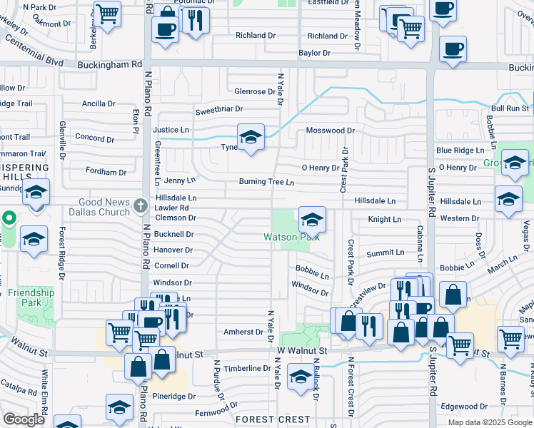 map of restaurants, bars, coffee shops, grocery stores, and more near 4001 Cornell Drive in Garland