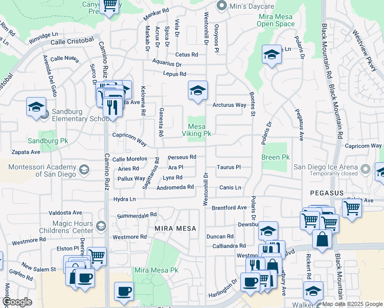 map of restaurants, bars, coffee shops, grocery stores, and more near 8686 Perseus Road in San Diego