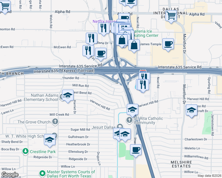 map of restaurants, bars, coffee shops, grocery stores, and more near 4986 Thunder Road in Dallas