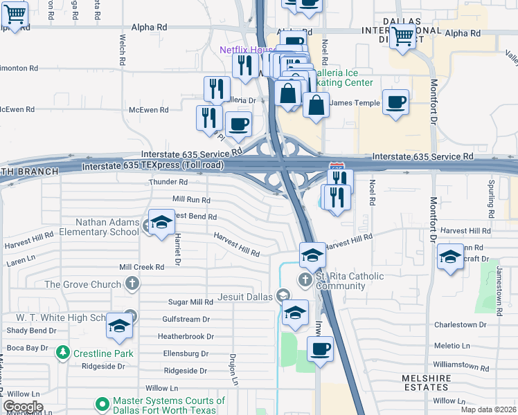 map of restaurants, bars, coffee shops, grocery stores, and more near 4986 Thunder Road in Dallas