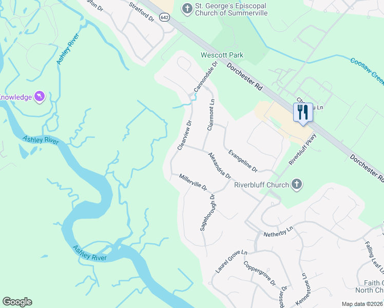 map of restaurants, bars, coffee shops, grocery stores, and more near 8716 Alexandria Drive in North Charleston
