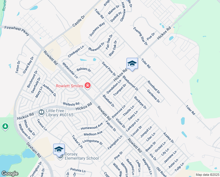 map of restaurants, bars, coffee shops, grocery stores, and more near 2601 Dandelion Lane in Rowlett