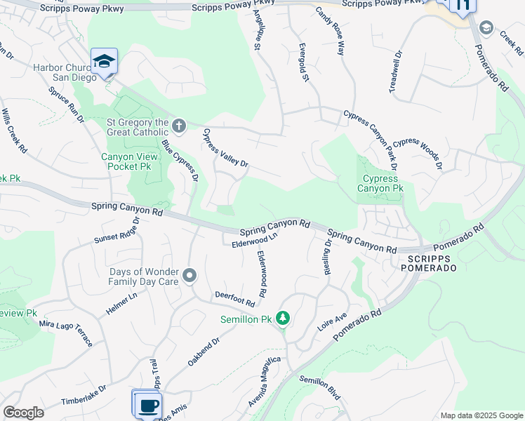map of restaurants, bars, coffee shops, grocery stores, and more near 11016 Elderwood Lane in San Diego