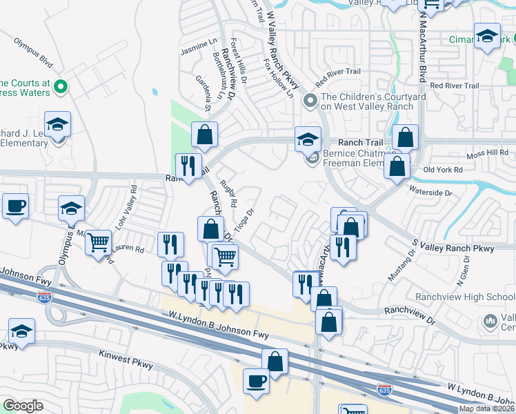 map of restaurants, bars, coffee shops, grocery stores, and more near 1224 Tioga Drive in Irving