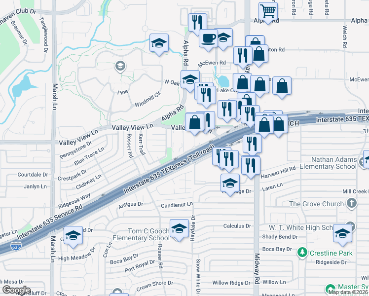 map of restaurants, bars, coffee shops, grocery stores, and more near 13226 Saint Lawrence Circle in Farmers Branch