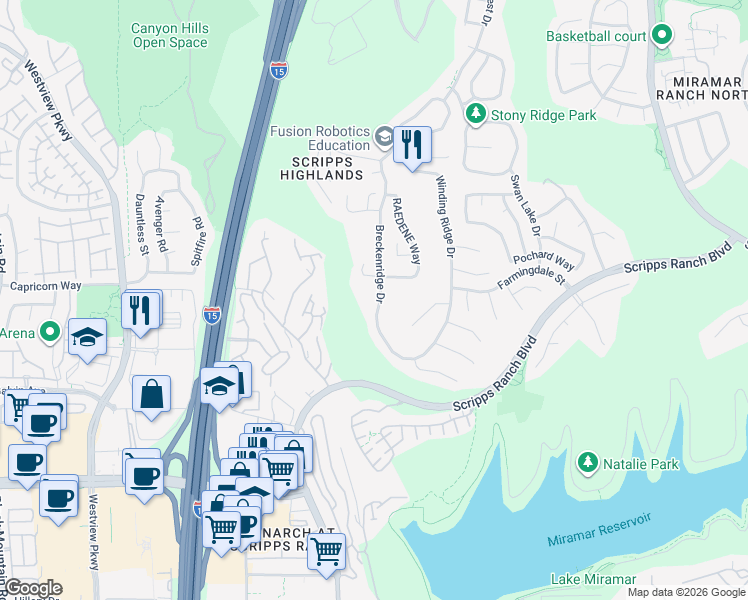 map of restaurants, bars, coffee shops, grocery stores, and more near 11127 Breckenridge Drive in San Diego