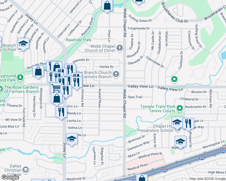 map of restaurants, bars, coffee shops, grocery stores, and more near 3040 Primrose Lane in Farmers Branch