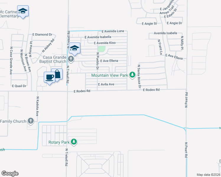 map of restaurants, bars, coffee shops, grocery stores, and more near 1244 East Rodeo Road in Casa Grande