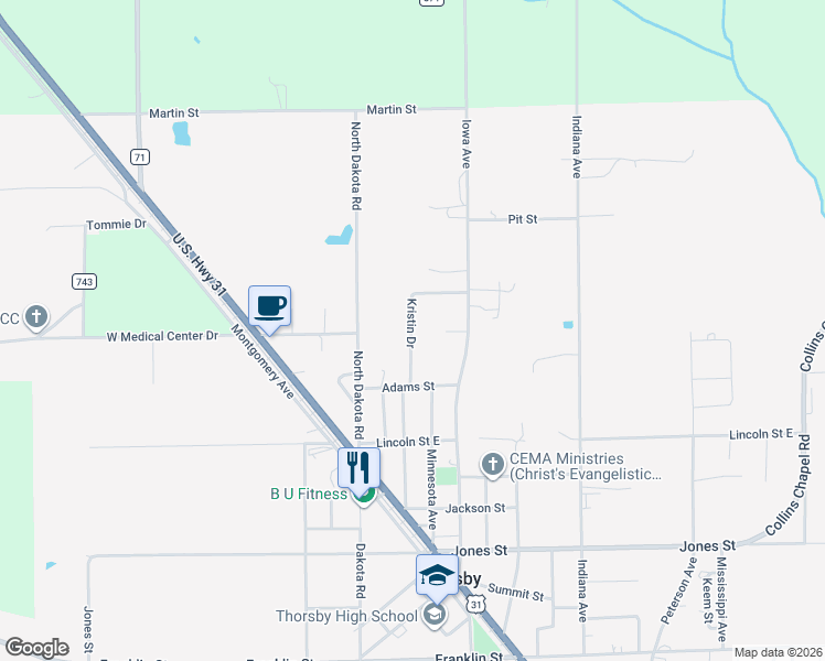 map of restaurants, bars, coffee shops, grocery stores, and more near Kristin Drive in Thorsby