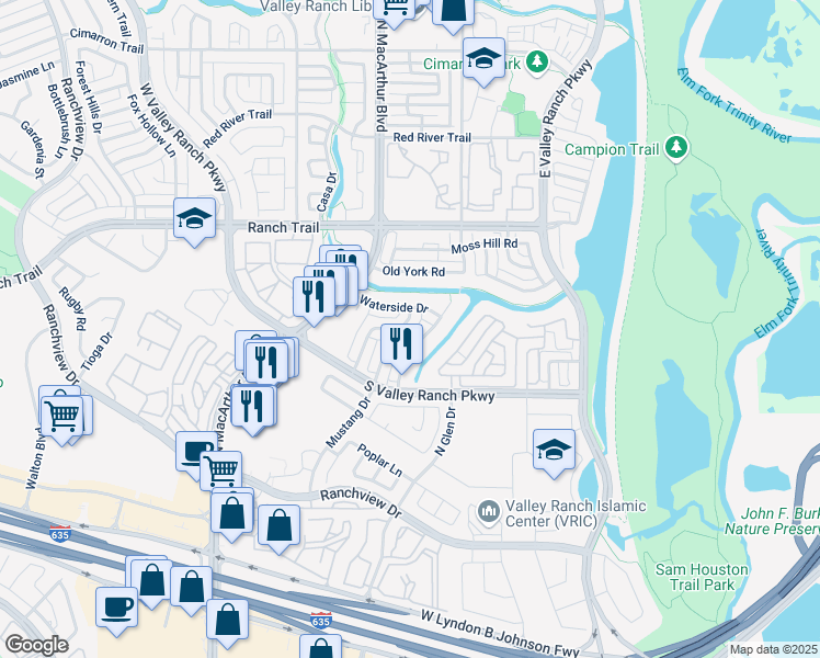 map of restaurants, bars, coffee shops, grocery stores, and more near 8609 Wellington Point Drive in Irving