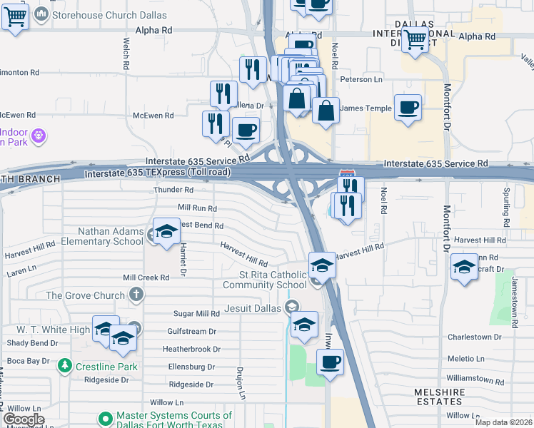 map of restaurants, bars, coffee shops, grocery stores, and more near 4986 Thunder Road in Dallas