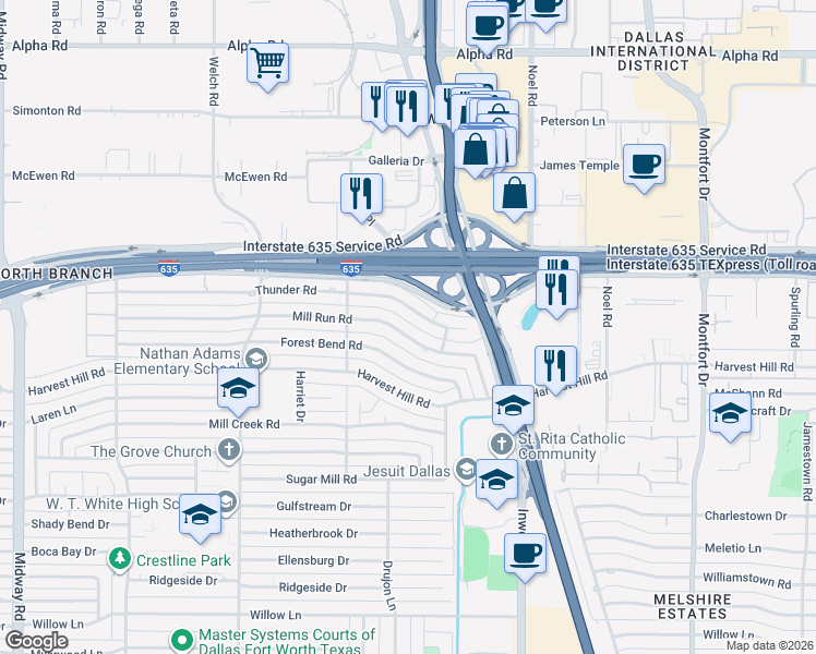 map of restaurants, bars, coffee shops, grocery stores, and more near 4940 Mill Run Road in Dallas
