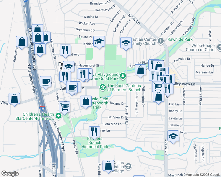 map of restaurants, bars, coffee shops, grocery stores, and more near 2618 Valley View Lane in Farmers Branch