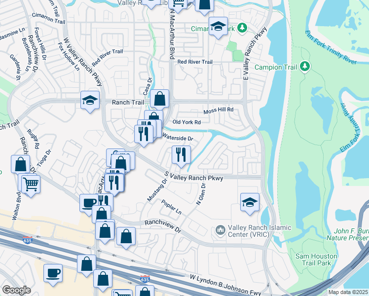 map of restaurants, bars, coffee shops, grocery stores, and more near 8609 Wellington Point Drive in Irving