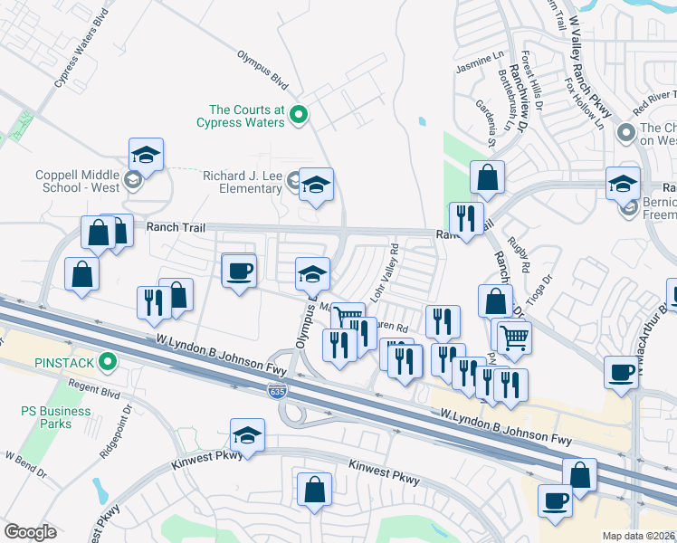 map of restaurants, bars, coffee shops, grocery stores, and more near 8623 Lindenwood Lane in Irving