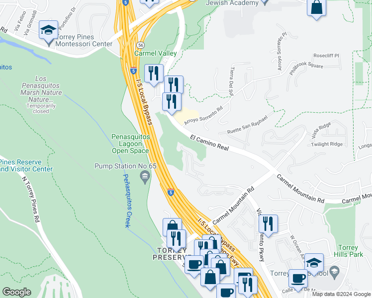 map of restaurants, bars, coffee shops, grocery stores, and more near 3644 Torrey View Court in San Diego