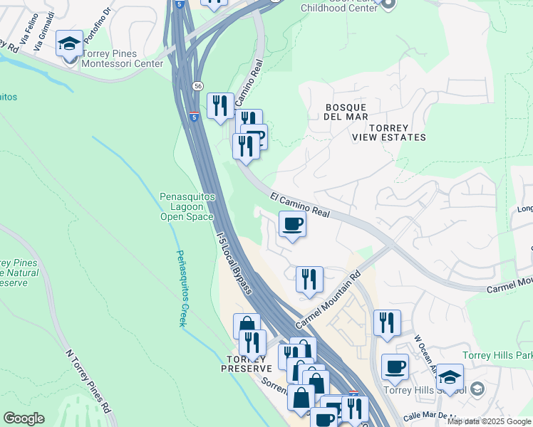 map of restaurants, bars, coffee shops, grocery stores, and more near 3636 Torrey View Court in San Diego