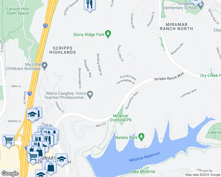 map of restaurants, bars, coffee shops, grocery stores, and more near 11246 Windbrook Way in San Diego